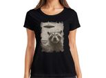 Maglietta Da Donna Raccoon Ufo Vintage Retro Alien Funny Sci-Fi Space Sepia, Nero, L
