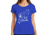 Just Breathe Dandelion Butterfly Mindfulness Yoga Meditation Maglietta Da Donna, Blu, S