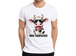 MOO-THERFUCKER Divertente Mucca Occhiali Da Sole Cartone Animato Agricoltore Regalo Uomo T-Shirt, Bianco, 3XL
