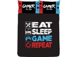Floso - Biancheria Da Letto Reversibile "Eat Sleep Game Repeat"" TC281 (Letto Singolo) (Nero/Bianco/Rosso/Blu)"