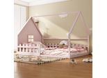 Letto Per Bambini Merax 140X200Cm, Letto Da Terra A Forma Di Casa, Letto Divertente Letto Singolo Con Recinti E Finestra, Rete A Doghe, Legno Di Pino, Letto Per Ragazzi, Letto In Legno Massiccio, Rosa