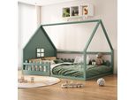 Letto Per Bambini Merax 140X200Cm, Letto Da Terra A Forma Di Casa, Letto Singolo Divertente Con Recinti E Finestra, Rete A Doghe, Legno Di Pino, Letto Per Ragazzi, Letto In Legno Massiccio, Verde