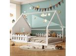 Letto Per Bambini Merax 140X200Cm, Letto Da Terra A Forma Di Casa, Letto Divertente Letto Singolo Con Recinti E Finestra, Rete A Doghe, Legno Di Pino, Letto Per Ragazzi, Letto In Legno Massiccio, Bianco