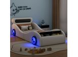 Letto Per Bambini Merax 90X200Cm, Letto Per Auto Con Ruote Led, Contenitore, Rete A Doghe, Letto Per Ragazzi, Letto Singolo, Letto Imbottito, Pu, Bianco
