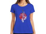 Maglietta Katana Samurai Kitsune Mask Sakura Cherry Blossom Japan Sun Donna, Blu, 3XL