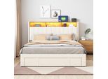 Letto Imbottito Fortuna Lai 160X200 Con Usb E 4 Cassetti, Letto Contenitore Con Rete A Doghe, Letto Matrimoniale Con Led E Testata, Letto Per Ragazzi, Velluto, Beige