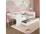 Letto Per Bambini Flieks 90X200Cm Con 2 Cassetti, Letto Per Bambini Singolo Con Scrivania E Mensole, Letto In Legno Letto Piatto Camera Dei Bambini, Bianco