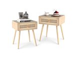 Costway 2Er Comodino In Polyrattan, Comodino Con Cassetto E Gambe In Legno Massiccio, Tavolino, Tavolino Da Divano, Console Da Letto In Stile Boho 48X40X58Cm Natura