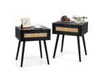 Costway 2Er Comodino In Polyrattan, Comodino Con Cassetto E Gambe In Legno Massiccio, Tavolino, Tavolino Da Divano, Console Da Letto In Stile Boho 48X40X58Cm Nero