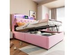 Letto Per Bambini Abrihome Letto Imbottito 90X200Cm Con Contenitore, Letto Singolo In Velluto Con Led E Usb, Rosa
