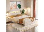 Letto Imbottito Fortuna Lai 140X200 Cm Con Contenitore, Illuminazione Led E Cassettiera - Velluto, Beige, 2 Cassetti