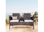 Sedia Doppia In Rattan Per Esterni Con Tavolo In Vetro Temperato, Moderno Set Da Conversazione Per Giardino, Prato E Cortile (Marrone).