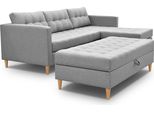 3Xdivano Angolare Living Malory - Divano Letto Moderno Con Poggiapiedi, Grigio Chiaro, Gambe In Legno, Pouf Montabile Su Entrambi I Lati, Larghezza 220 Cm, 6 Varianti Di Colore