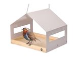 WONDERMAKE® Großes Design Vogelhaus aus Metall und Holz wetterfest zum Aufhängen, modernes Vogelfutterhaus XL Metalldach hängend, Vogelhäuschen Futterhaus für Vögel, Edelstahl Kiefer, grau-beige