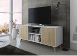 Mobile Tv 2 Porte, Soggiorno, Modello Wind, Bianco E Rovere, 137X40X57Cm