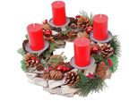D'avvento HWC-H49, Decorazione Natalizia Composizione Floreale D'avvento, Legno ® Rotonda Ø 33 Cm ~ Incl. 4X Candele Rosse