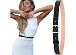 Elegante Cintura Da Donna In Pelle Naturale, Nera, Con Fibbia Dorata 3,5 X 3,5 Cm E Lunghezza 110 Cm