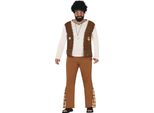 Costume Hippie Anni '70 Colorato Flower Power Con Gilet Fascia Pantaloni Per Carnevale Stile Retrò Woodstock Festival, Taglia: 56 - 58 (Xxl) Colore: Marrone