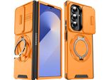 Custodia A Doppio Strato Per Samsung Galaxy Z Fold7, Con Copertura Scorrevole Della Fotocamera E Supporto Ad Anello Magnetico Arancione
