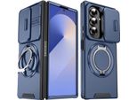 Custodia A Doppio Strato Per Samsung Galaxy Z Fold7, Con Copertura Scorrevole Della Fotocamera E Supporto Magnetico Ad Anello Blu