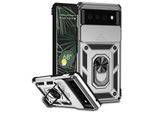 Custodia Per Google Pixel 6 A Doppio Strato Con Copertura Scorrevole Della Fotocamera E Supporto Ad Anello Argento
