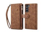 Custodia Protettiva Per Samsung Galaxy S23+ In Pelle Con Cerniera, Portafoglio Pieghevole Con Slot Per Carte, Supporto E Passante Marrone