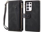 Custodia Protettiva Per Samsung Galaxy S21 Ultra 5G, Custodia In Pelle Con Cerniera, Portafoglio Pieghevole Con Slot Per Carte, Supporto E Cinturino Nero
