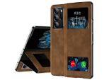 Custodia Sottile In Pelle Flip Per Oppo Find N, Con Finestra Di Visualizzazione E Funzione Stand Marrone