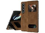 Custodia Sottile In Pelle Flip Per Samsung Galaxy Z Fold 3 5G, Con Finestra Di Visualizzazione E Funzione Stand Marrone
