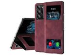 Custodia Sottile In Pelle Flip Per Oppo Find N, Con Finestra Di Visualizzazione E Funzione Stand Rosso