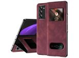 Custodia Sottile In Pelle Flip Per Samsung Galaxy Z Fold 2 5G, Con Finestra Di Visualizzazione E Funzione Stand Rosso