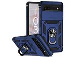 Custodia Per Google Pixel 6A A Doppio Strato Con Copertura Scorrevole Della Fotocamera E Supporto Ad Anello Blu