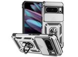 Custodia Per Google Pixel 8 Pro A Doppio Strato Con Copertura Scorrevole Della Fotocamera E Supporto Ad Anello Argento