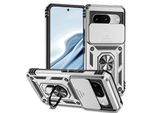 Custodia Per Google Pixel 8 A Doppio Strato Con Copertura Scorrevole Della Fotocamera E Supporto Ad Anello Argento