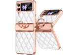 Custodia In Pelle Per Samsung Galaxy Z Flip 3 5G Con Supporto Ad Anello, Custodia Protettiva Lucida Con Protezione Della Cerniera Bianco