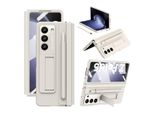 Custodia In Pelle Per Samsung Galaxy Z Fold 5 Con Cerniera In Pelle, Protezione Dello Schermo, Supporto E Porta Stilo Bianco