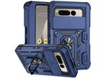 Custodia Per Google Pixel Fold A Doppio Strato Con Copertura Scorrevole Della Fotocamera E Supporto Ad Anello Blu