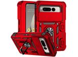 Custodia Per Google Pixel Fold A Doppio Strato Con Copertura Scorrevole Della Fotocamera E Supporto Ad Anello Rosso