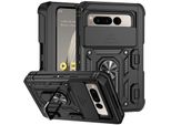 Custodia Per Google Pixel Fold A Doppio Strato Con Copertura Scorrevole Della Fotocamera E Supporto Ad Anello Nero