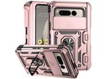 Custodia Per Google Pixel Fold A Doppio Strato Con Copertura Scorrevole Della Fotocamera E Supporto Ad Anello Rosa