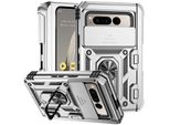 Custodia Per Google Pixel Fold A Doppio Strato Con Copertura Scorrevole Della Fotocamera E Supporto Ad Anello Argento