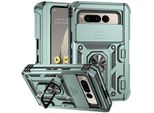 Custodia Per Google Pixel Fold A Doppio Strato Con Copertura Scorrevole Della Fotocamera E Supporto Ad Anello Verde