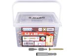 Viti Universali Connex 5,0 X 80 Mm - 140 Pezzi In Un Set - Testa Svasata - Trasmissione Tx - Parzialmente Filettate - Zincato Giallo - Incl. Supporto Magnetico E 2 Punte / Set Di Viti / Secchio Per Viti / B30177, Argento