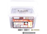 Viti Universali Connex 5,0 X 60 Mm - Set Da 195 Pezzi - Testa Svasata - Trasmissione Tx - Parzialmente Filettate - Zincato Giallo - Incl. Supporto Magnetico E 2 Punte / Set Di Viti / Secchio Per Viti / B30175, Argento