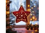 Stella Di Natale In Vetro Rossa Da Appendere Con 10 Led Illuminati - 15 Cm - Stella Decorativa Luminosa Bianco Caldo A Batteria