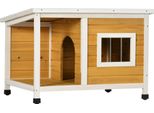 Fortuna Lai Cuccia Per Cani Con Veranda, Tetto Apribile, Finestra, Piedini Regolabili, Legno Naturale, Arancione, 85,5 X 62 X 60 Cm