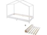 Letto Casa Roba 70 X 140 Cm Con Rete A Doghe - Letto Per Bambini A Profondità Ridotta Secondo Il Principio Montessori - Estensibile Con Copertura Del Letto Casa - Legno Laccato Bianco