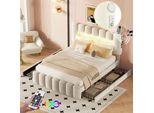 Letto Imbottito Merax 140X200Cm Con Led, Usb E Impianto Stereo, Letto Matrimoniale Con Testata Regolabile In Altezza E 4 Cassetti, Letto Contenitore Funzionale In Velluto