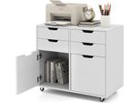 Costway Cassettiera Con 4 Cassetti E 2 Ante, Mobile In Legno Con 5 Ruote Universali, Supporto Per Stampanti Con Spazio Di Archiviazione Bianco