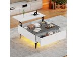 Tavolino Sweiko 70X70X35Cm, Tavolino Regolabile In Altezza Con Portaoggetti E Ripiani Nascosti, Tavolino Da Salotto Bianco Lucido, Scrivania Con Led, Tavolino Per Divano Con Cassetti